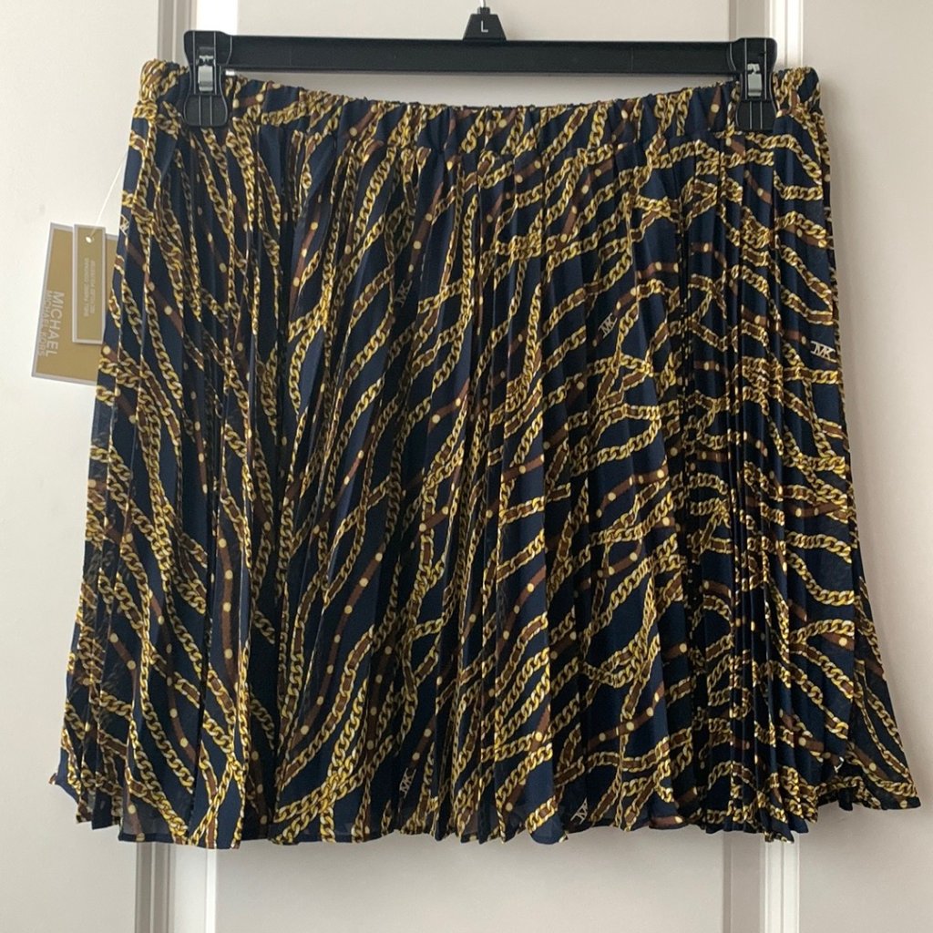 Michael Kors Status Print Georgette Pleated Skirt In Midnight Blue Sz L
